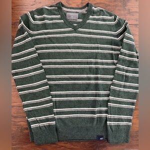 Aeropostale Green and White Striped V-Neck Sweater